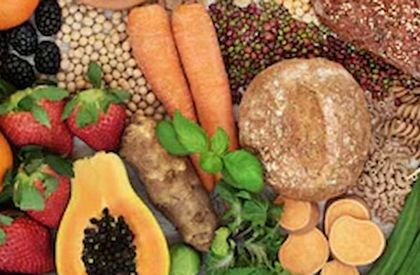 Image of food items, including grains, banana, apple, pawpaw, etc.